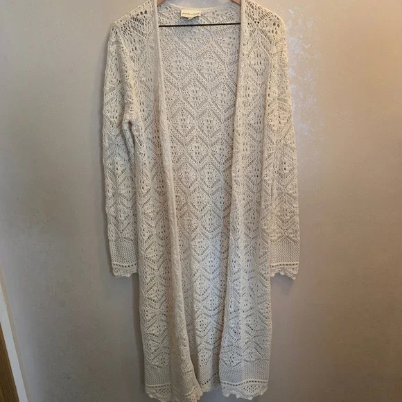 Freshman 1996 Ivory Crochet Knit Duster Cardigan Boho Longline Sweater - Size L - Picture 1 of 8
